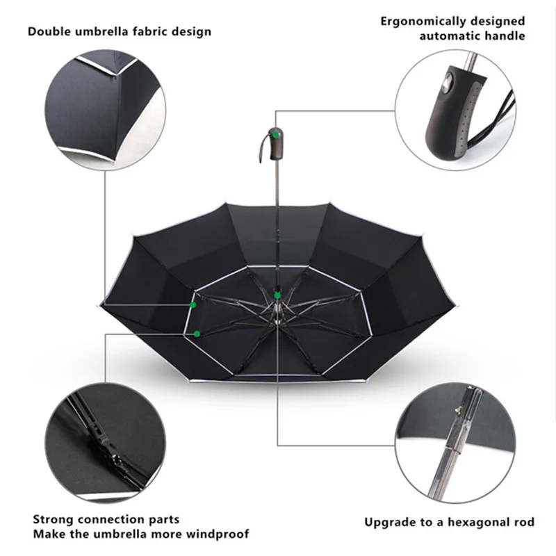 Двухслойный 2 складной 110 см большой зонт от дождя женский ветрозащитный Полуавтоматический зонт мужской для путешествий на открытом воздухе Paraguas