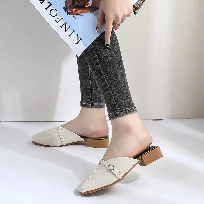 

Low Heels Mules Women buckle square Toe Shoes leather Slippers Fashion slip on Slide 2019 sandalias Mujer big size Black apricot