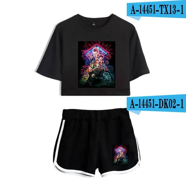 Girls Outfit Stranger Things New 2D print Leisure Women Two Piece Set Shorts+lovely T-shirts Hot Sale Tracksuit - Цвет: 02