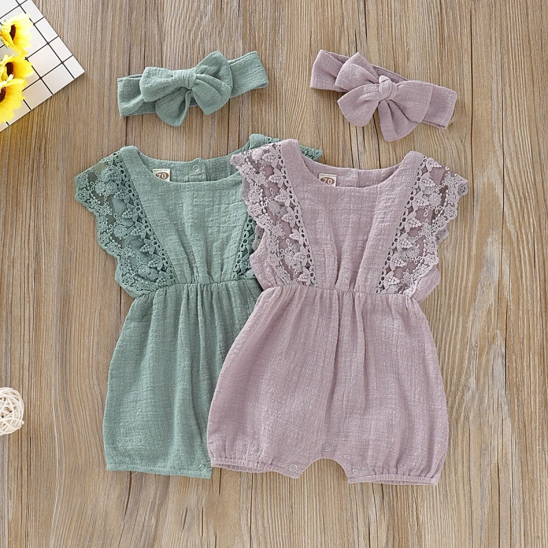 Meninas do Bebê Headband plus Romper Conjunto de Roupas de Bebê Roupas Crianças Romper Bodysuit Verão 0 24 m 9 Bebê meninas bodysuit roupas de verão crianças