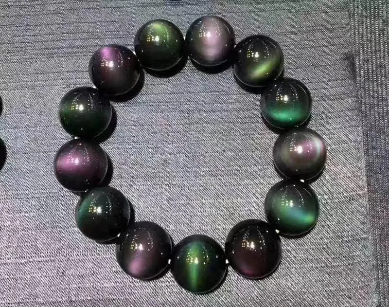 Natural 12 mm Negro Obsidiana Arco Iris Piedras Preciosas Perla Redonda Con cuentas Pulsera elástica