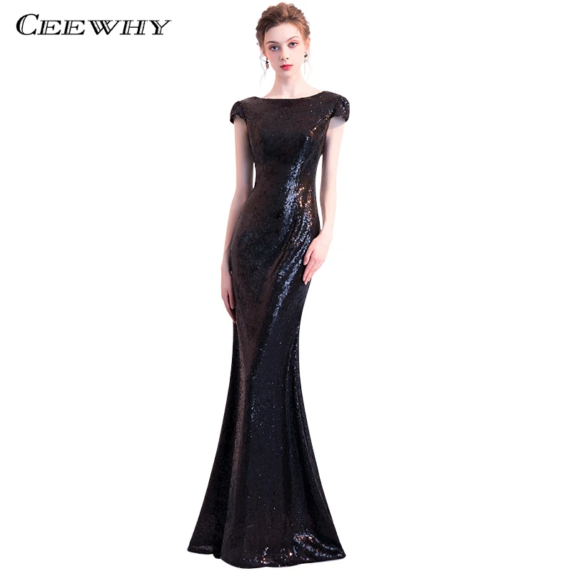 

CEEWHY Cap Sleeve Black Evening Dress Sequines Mermaid Dress Elegant Evening Gown Vestido de Festa Longo Abiye Gece Elbisesi