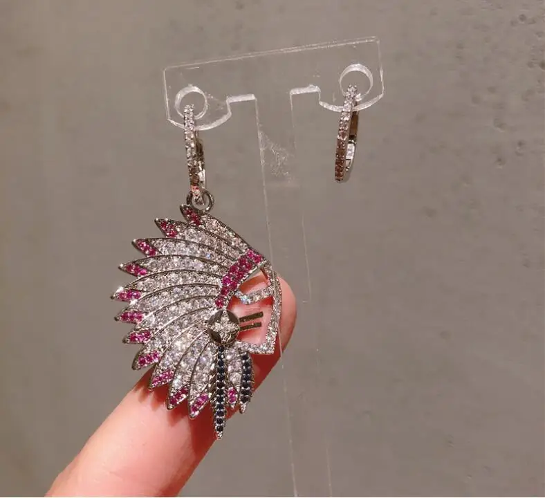 

Creative design original tribal avatar earrings color shiny rhinestone long hair feather ear accessories