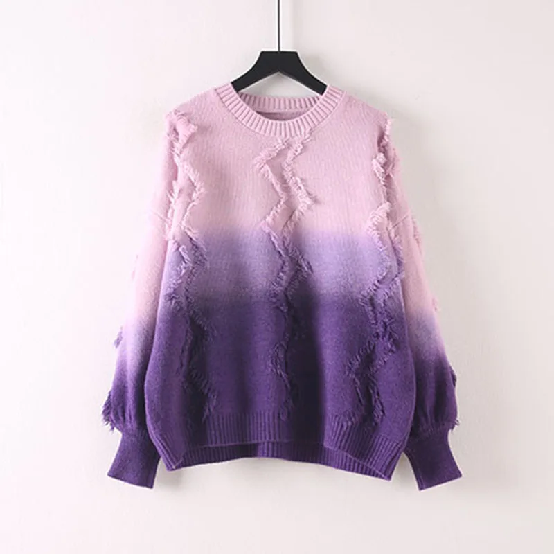 

2019 Fall Spring New Gradient Color Tassel Sweater Women Loose Versatile Pullover Short Sweater Tops Female Blue Purple