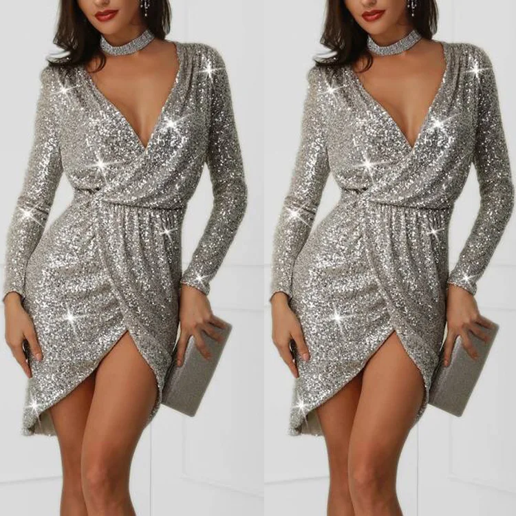 

vestidos de verano 2019 summer women's temperament deep V-neck long-sleeved waist pocket hip sexy split sequin dress female