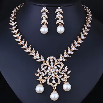

FARLENA Simulated Pearl Necklace Earrings set for Women Wedding Party Accessory Fashion Crystal Rhinestone Bridal Jewelry sets