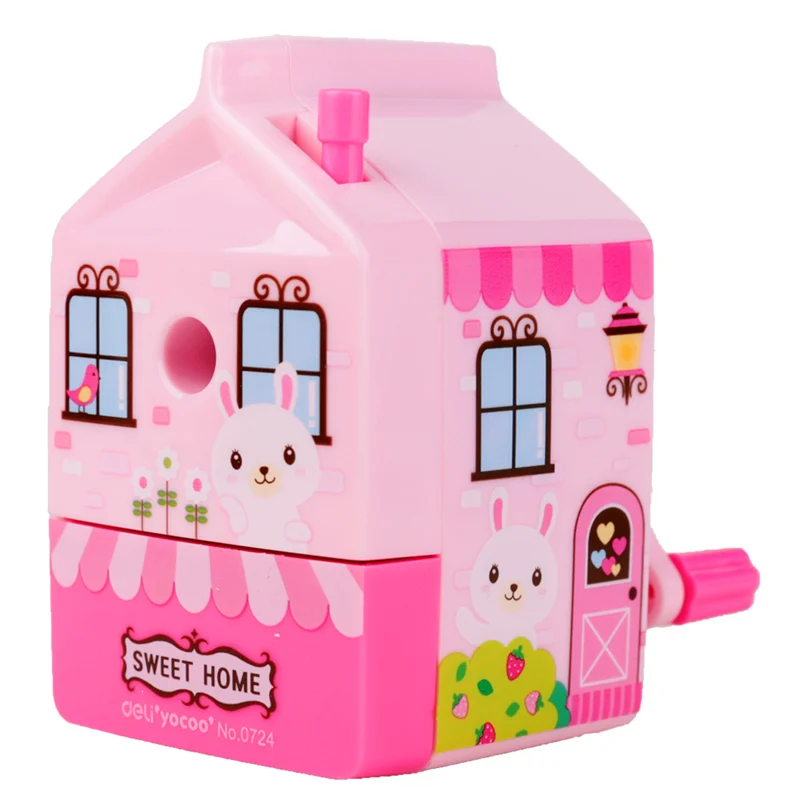 

Deli 0724 Pencil Sharpener Happy House Hand roll Cute Sharpener for School and Office with Shavings Box