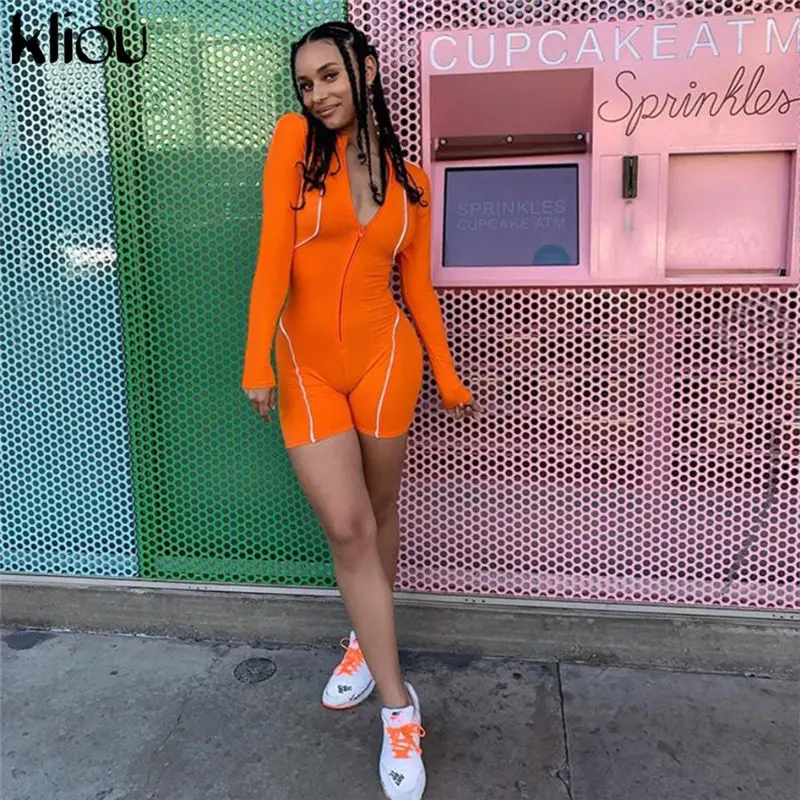 Kliou женский модный эластичный облегающий боди спортивный комбинезон с длинным рукавом на молнии со светоотражающими полосками - Цвет: Оранжевый