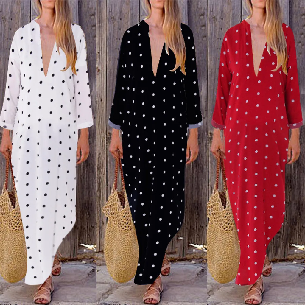 

2019 Summer Clothes For Women Summer Loose Polka Dot Deep V Long Split Kaftan Split Hem Baggy Maxi Dress Vestido Robe Femme 17