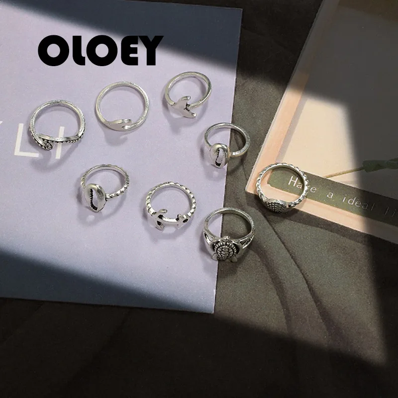 OLOEY 8Pcs/Set Shell Sea Turtle Shark Dolphin Tail Anchor Alloy Silver Rings For Women Unisex Charm Ring Set Jewelry Anillos