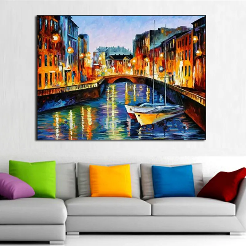 

Handpainted Abstract Landscape Oil Paintings on Canvas Large Knife 3D City Building River Scenery Pictures Home Decor Wall Art