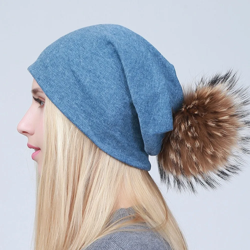 Geebro Women's Beanie Hat with Pompom Spring Cotton Beanies Hats with Raccoon Fur Pompon Skullies Balaclava Caps For Girls JS294 4