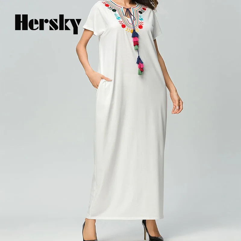 

Summer Plus Size Turkey White Abaya Clothes Muslim Flowers Printed Short Sleeve Women Long Dress Islamic Robe Musulmane Clothing