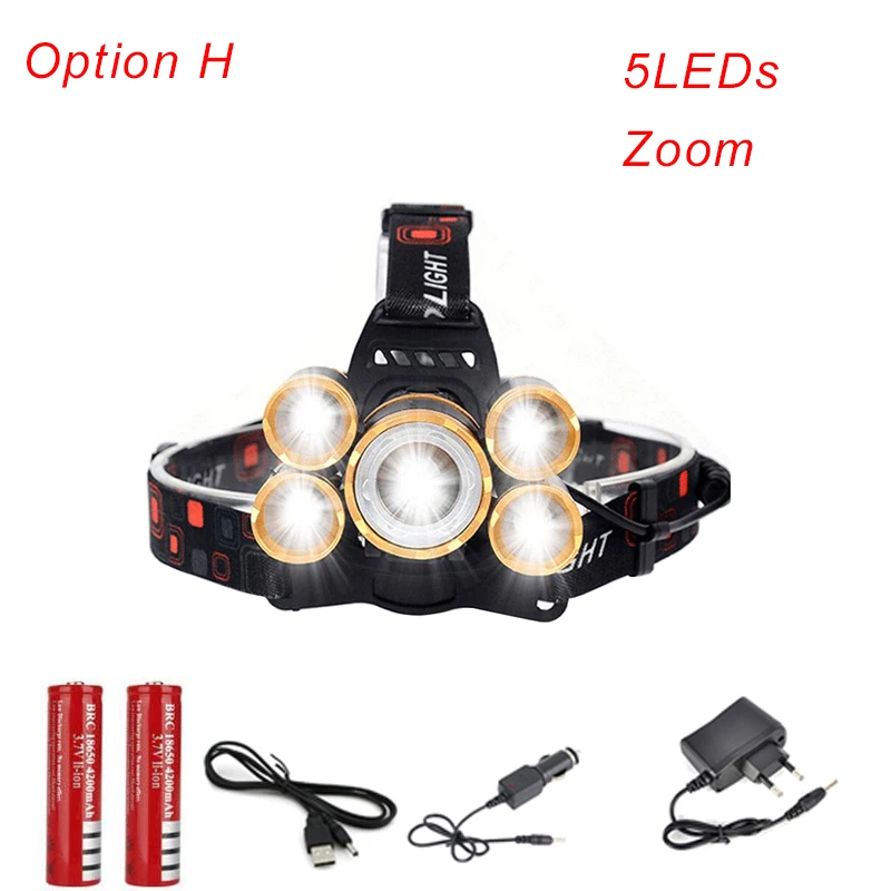 Хит, ультра яркий XML T6 5 светодиодный налобный светильник, 4 режима, фонарь, 2x18650, автомобильное зарядное устройство для рыбалки, головной светильник z30 - Испускаемый цвет: Option H