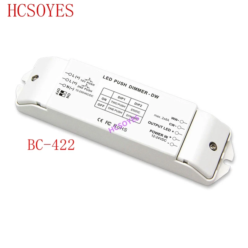 

BC BC-422 DIP Switch And Duplex Push Dim Button Constant Voltage PWM CT Controller DC12V-24V Input;8A*2CH output for led strip
