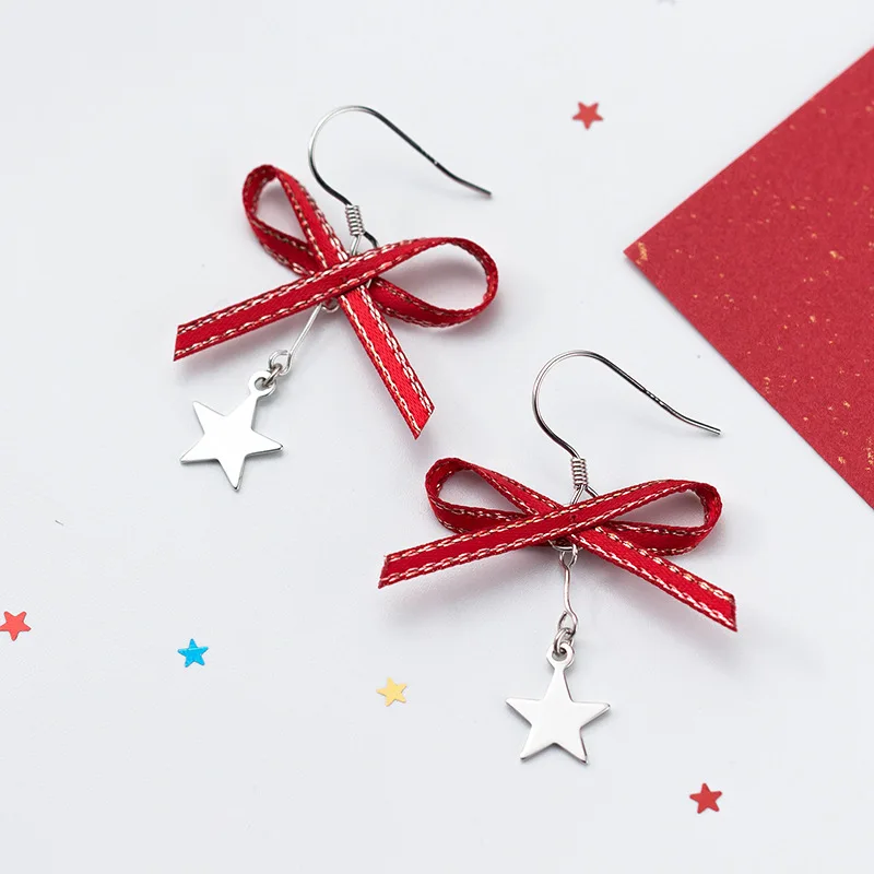 

Holiday Red Bowknot Star 925 Sterling Silver Dangling Earrings