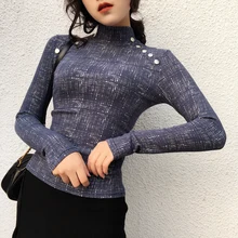 Новые девушки с высоким воротом облегающее шикарное пуговицы Тонкий полный рукав футболки Топы женские футболки рубашки для тонких женщин