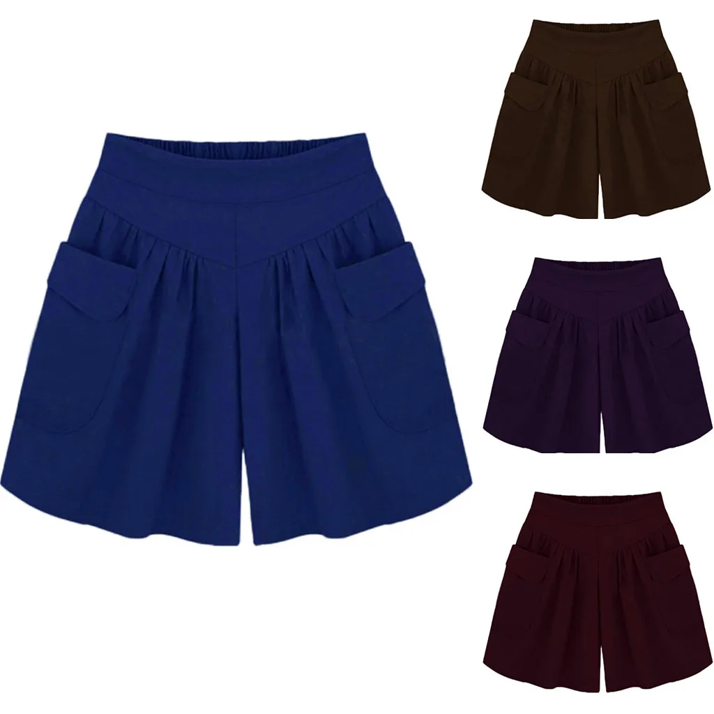 

2019 New Plus Size Solid Color short femme bermuda Women Plus Size Solid Loose Hot Shorts Pockets Lady Summer Casual Shorts #C7