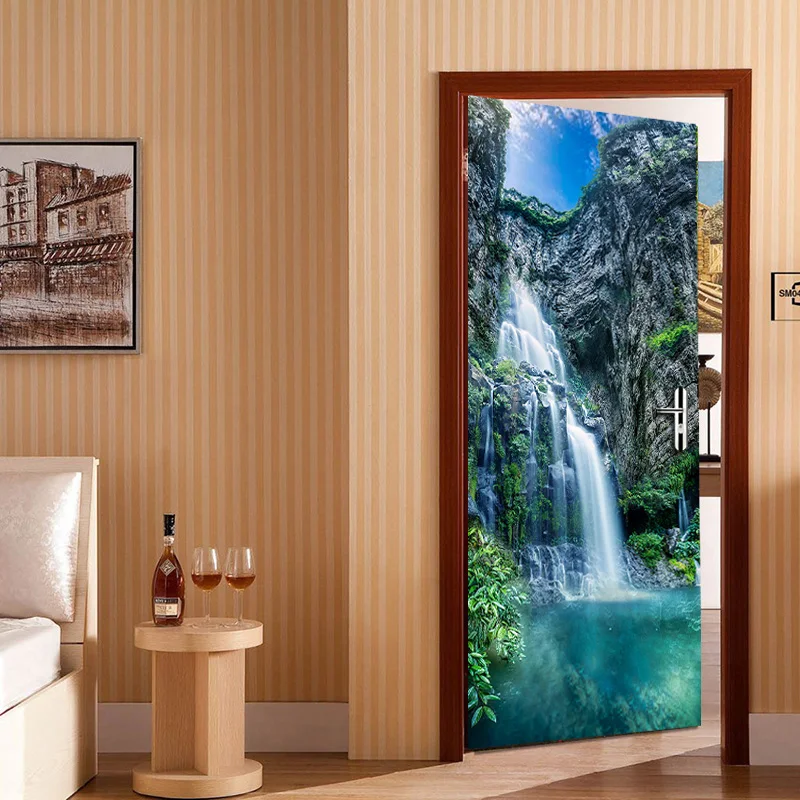 Landscape Waterfall Door Decal Sticker Mural 3D PVC Self-adhesive Waterproof Wallpaper Modern Living Room Door Home Decoration