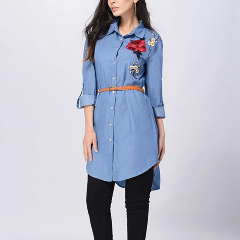 

Women Denim Dress Casual Tunic Long Sleeve Turn Down Collar Shirt Dress Robe Vintage Floral Embroidery Woman Short Mini Dress