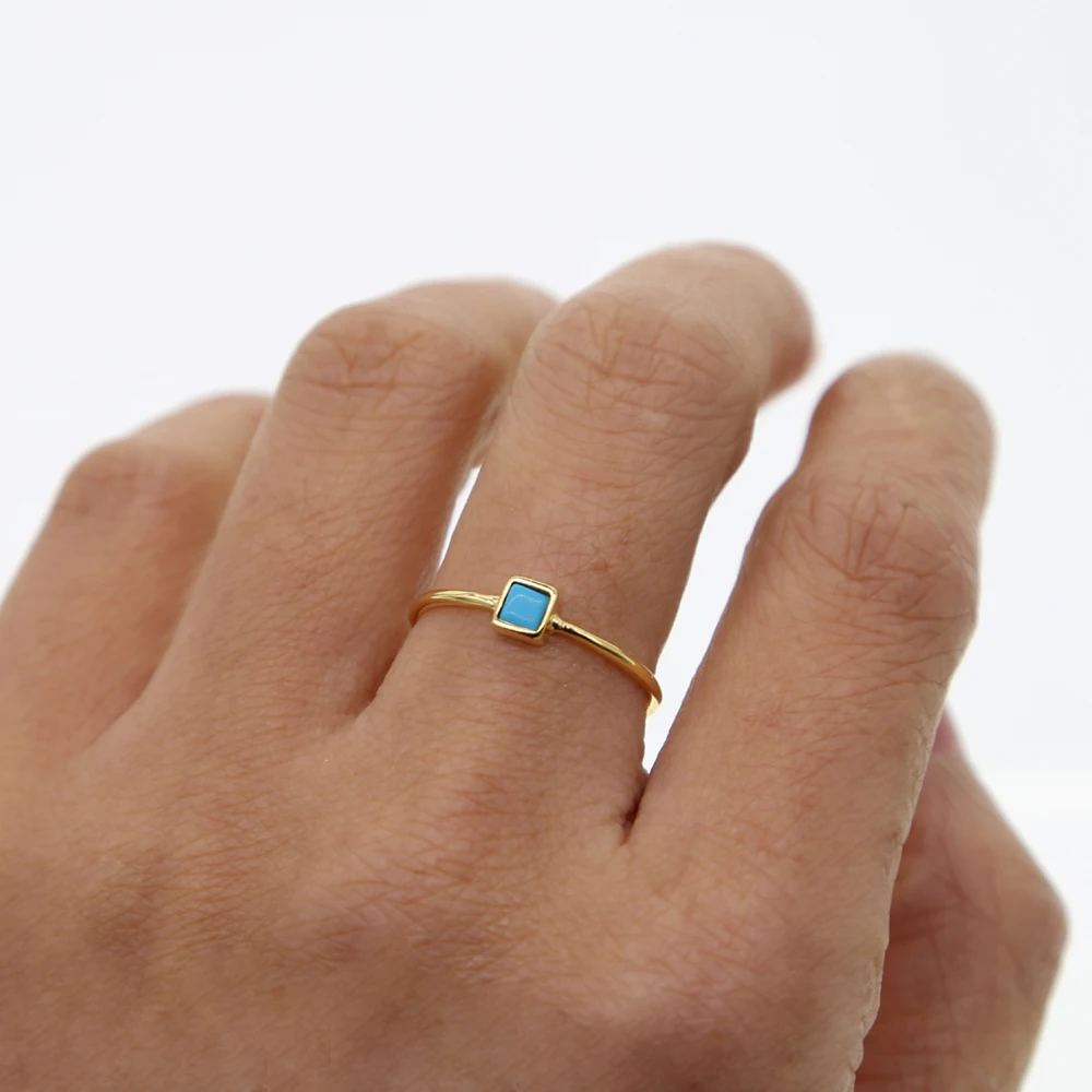 Классическое кольцо с одним камнем с геометрическим квадратным прямоугольным бирюзой Стерлинговое Серебро 925 пробы минимальное простое ювелирное изделие на палец