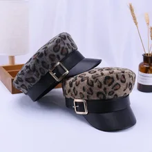 Новинка, Леопардовый принт, Женская плоская кепка, модная Военная Кепка с металлической пряжкой, женские Восьмиугольные шляпы, Осень-зима