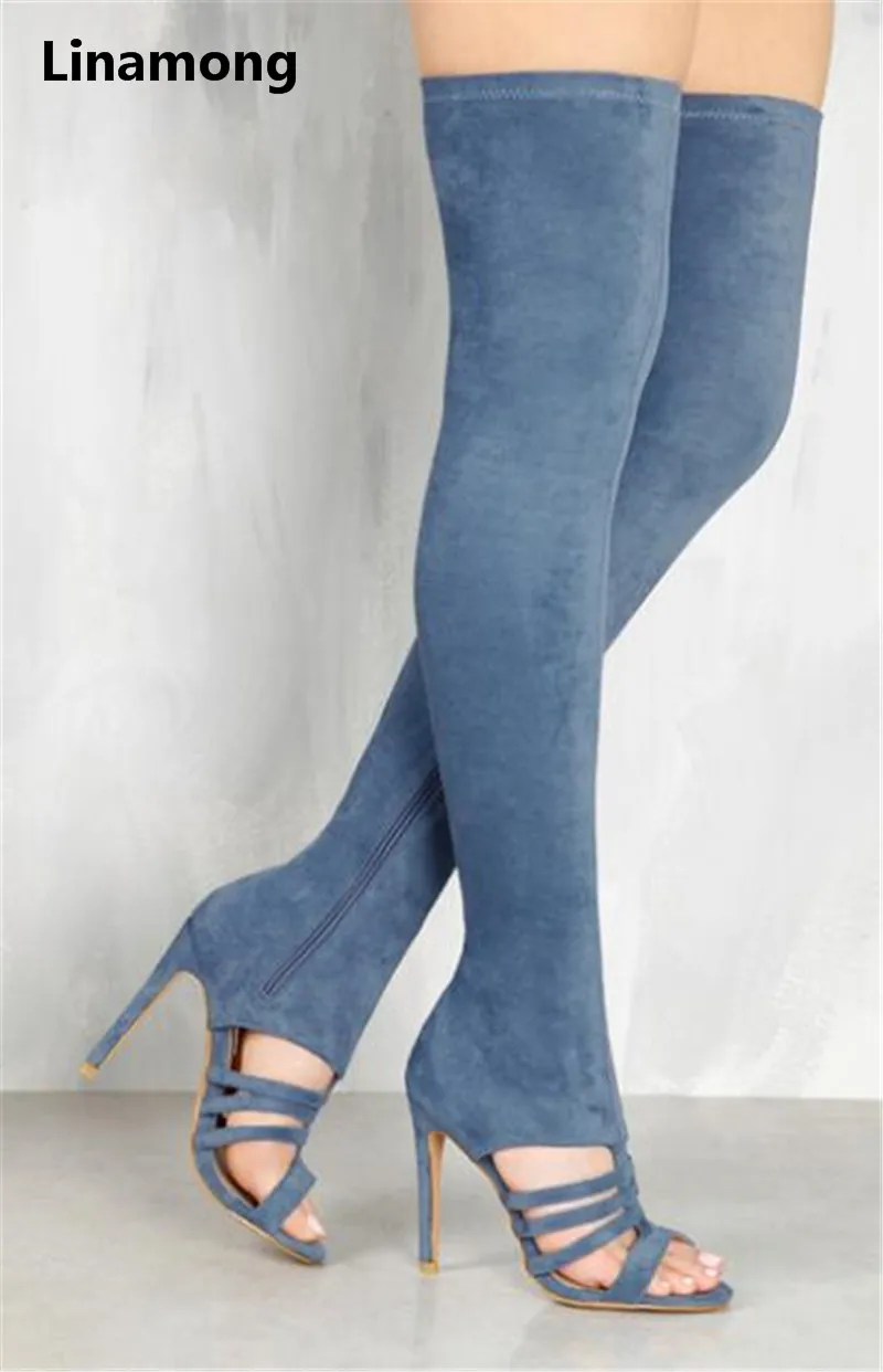 

The pure Blue flock Over The Knee Boots Long Boots Pointed Toe And Peep Toe High Heels Women simple and comfortabie