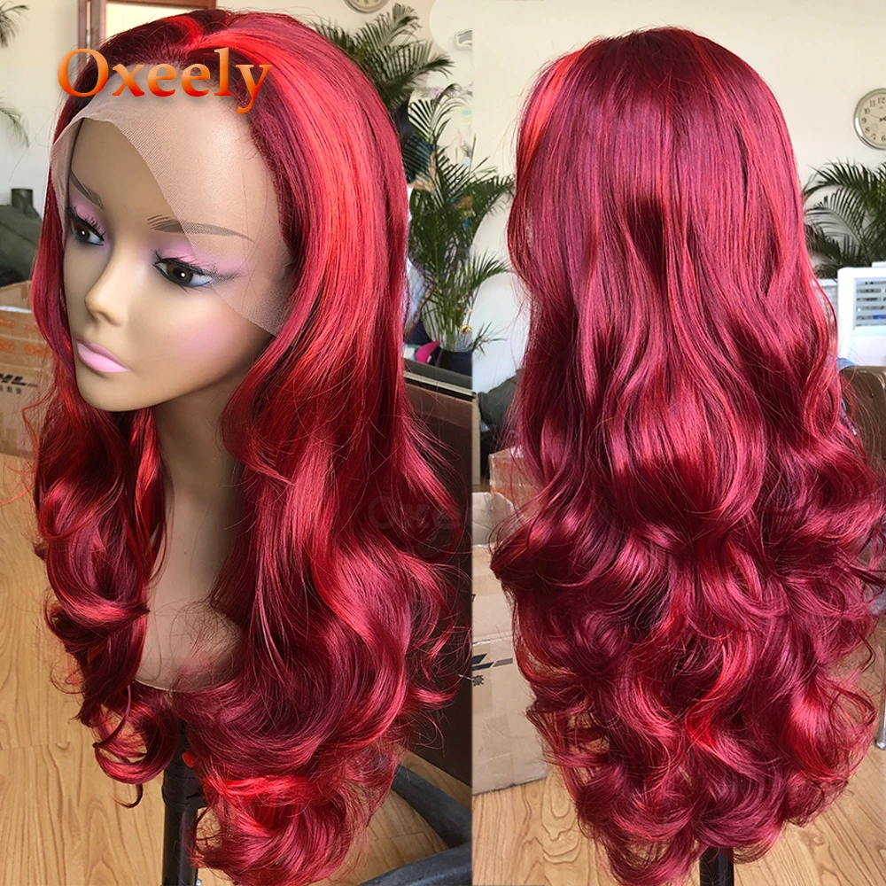 Oxeely Body Wavy Synthetic Lace Front Wig Long Hair Red/Burg Hair Free/Side Part Glueless Front Lace Wigs for Black Women