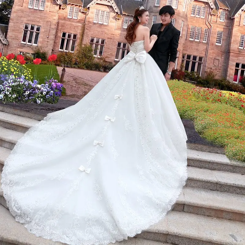 

New Luxurious Cathedral Train Bowknot Beading Wedding Dress 2019 Hot Sale Princess Bridal Wedding Gowns Robe De Mariee