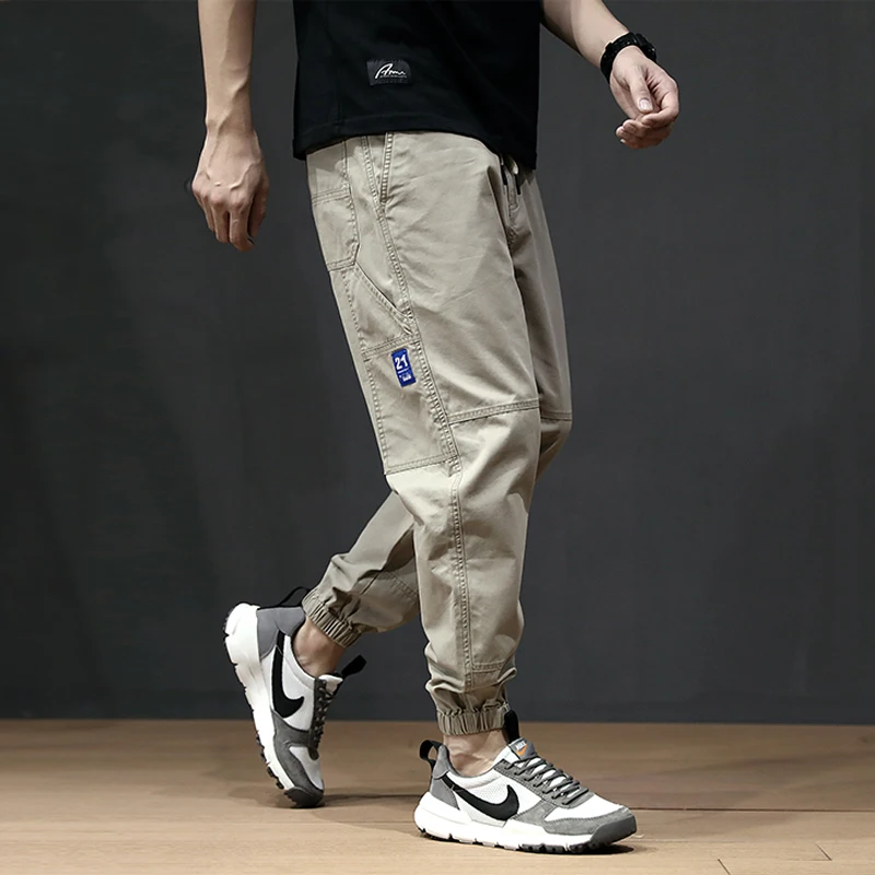 

Summer Fashion Joggers Pants Men Khaki Color Loose Fit Multi Pockets Cargo Pants Streetwear Slack Bottom Hip Hop Harem Trousers
