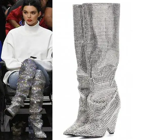 

YUE JABON Hot Sale Womens Luxury Glitter Boots Rhinestone Embellished Slouchy Slip on Knee High Boots Cone Heel Plus size 43