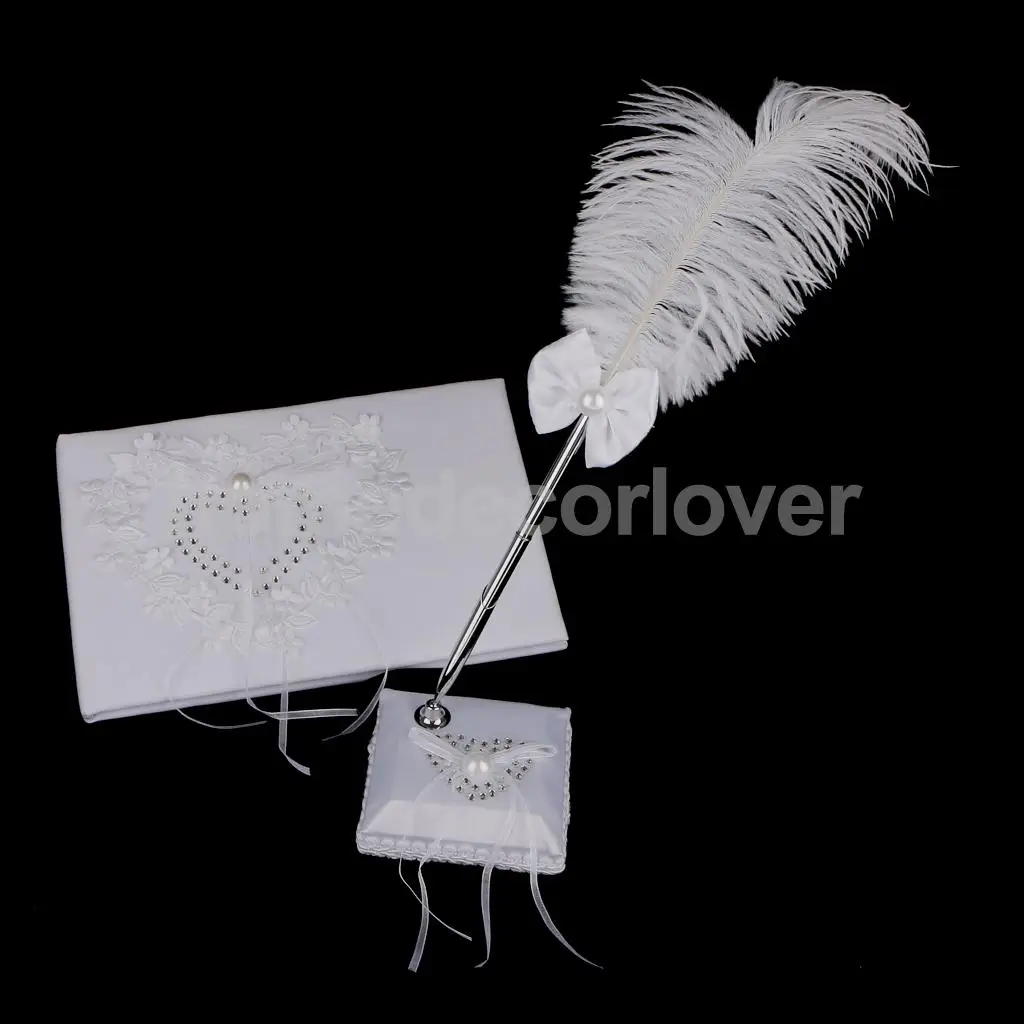 

Wedding Heart Flower Reception Guest Book Feather Bowknot Pen and Stand Set