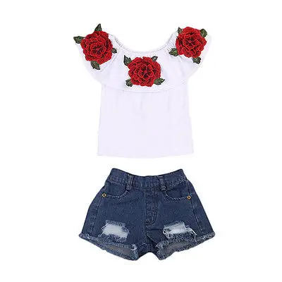 

2PCs Baby Girls Outfits Set Toddler Kids Clothing 3D Flower Top Shirt Off Shoulder Denim Shorts Clothes Fashion Cute Summer 2018