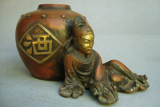 

bi003085 7"Chinese culture old antique collection pure bronze drunk the statue of li bai