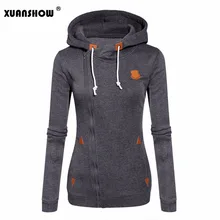 XUANSHOW 2019 Women Fashion Fleeces Sweatshirts Hooded Candy Colors Solid Sweatshirt Long Sleeve Zip Up Clothing