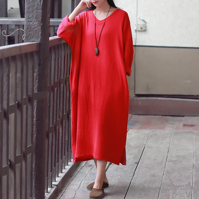 

LANMREM 2019 Autumn New Casual Fashion Temperament Women Loose Plus Solid Color V-neck Long-sleeved Bottoming Dress TC317