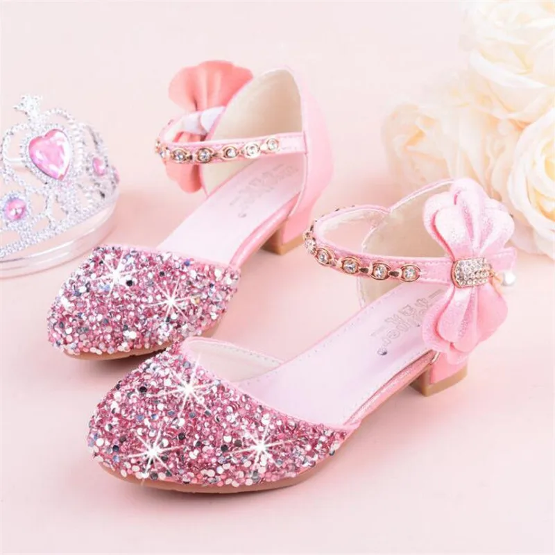 Girls sandals high heels spring and summer rhinestones bow princess Performance /wedding crystal single shoes shiny silver