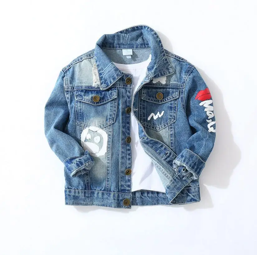 Boys Jacket kids Denim coat girl Outerwear children clothing Spring Autumn boy Graffiti Jeans Clothes broken hole For 2-7T