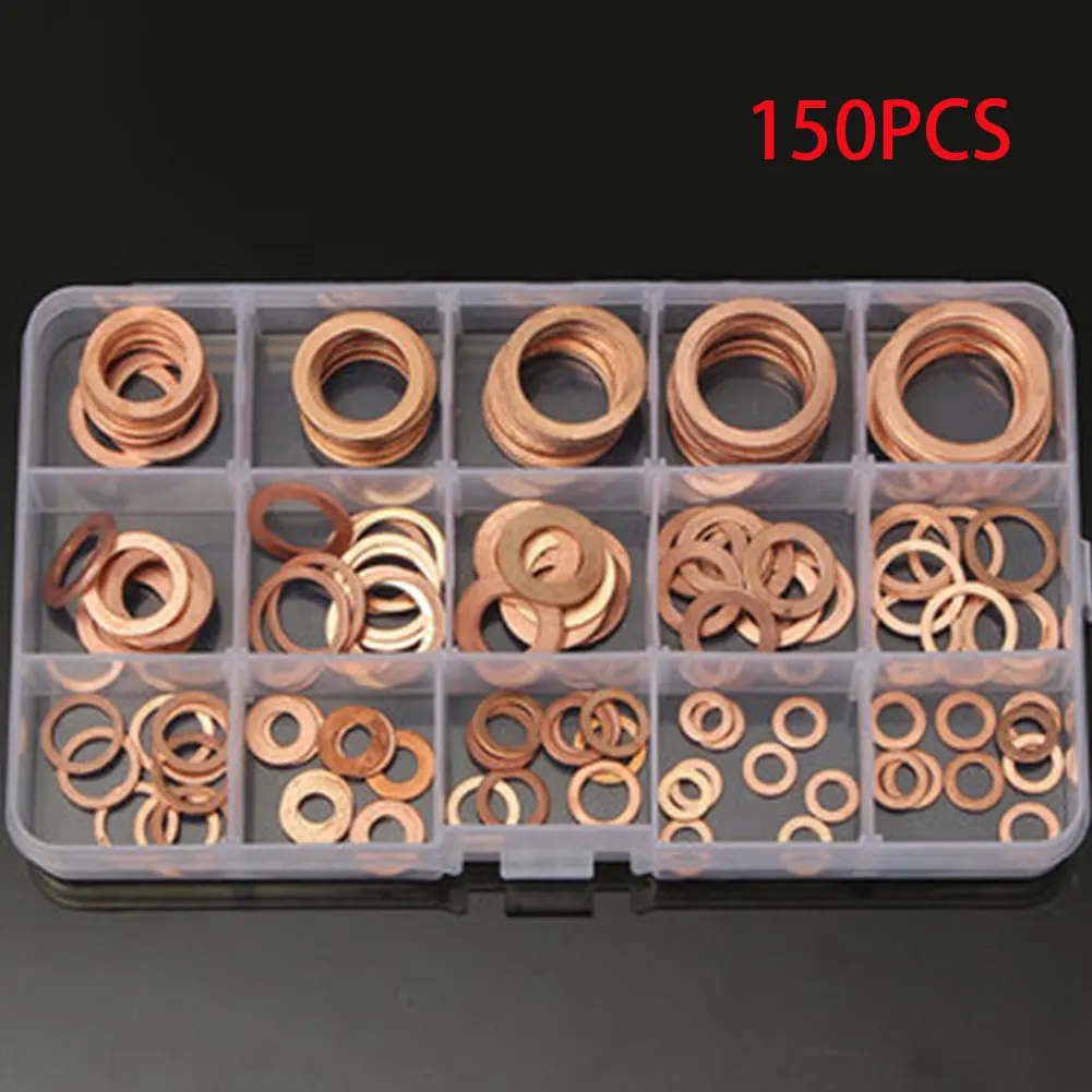 

150 Pcs Solid Copper Washers Sump Plug Assorted Washer Set Plastic Box