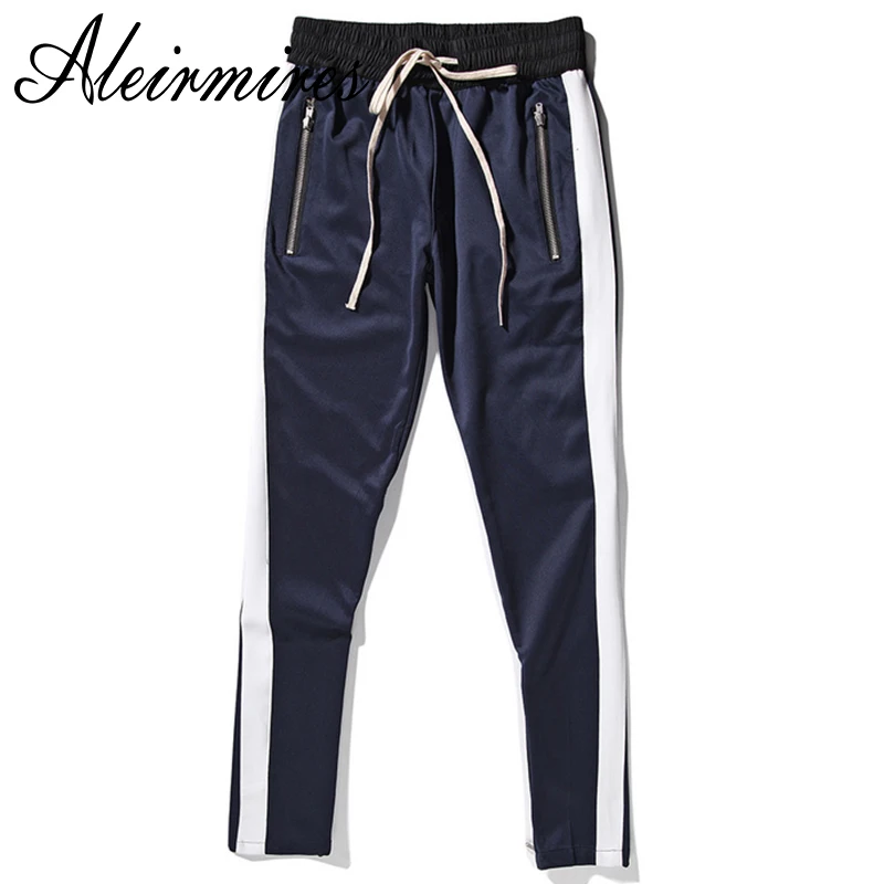 

Aleirmires High Street Zippered Leg Opening Side Stripe Contrast Color Mens Casual Jogger Pants Streetwear Mens Trackpants