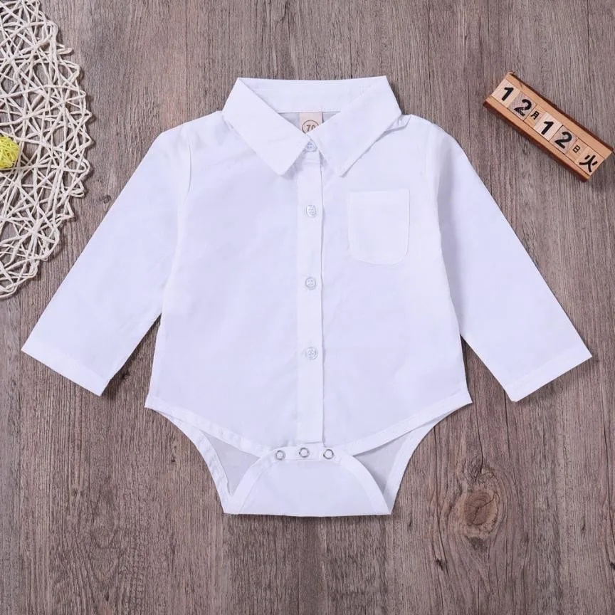 Однотонная белая рубашка для свадебной вечеринки для новорожденных мальчиков и девочек от 3 до 18 месяцев комбинезон, одежда реквизит для фотосессии