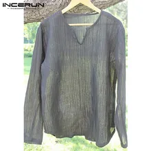 INCERUN размера плюс, китайский стиль, мужская рубашка с длинным рукавом и v-образным вырезом, повседневные топы, Camisa, одноцветные мешковатые винтажные мужские рубашки, осень, 5XL
