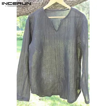 

INCERUN Plus Size Chinese Style Men's Shirt Long Sleeve V-neck Casual Tops Camisa Solid Baggy Vintage Men Shirts 2020 Autumn 5XL