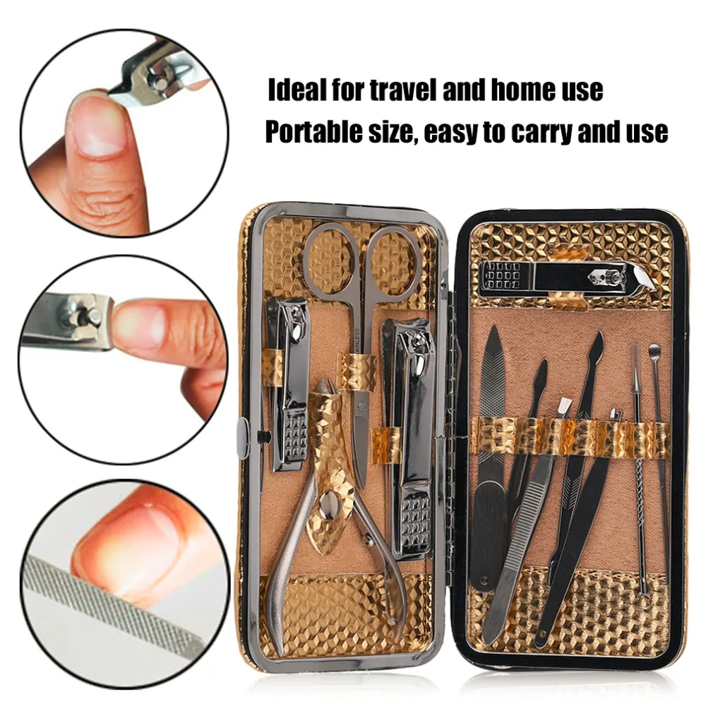 

12 / 10pcs in 1 set Multifunctional Portable Stainless Steel Nail Art Manicure Set Mini Finger Nail Cutter Clipper Tweezers Tool