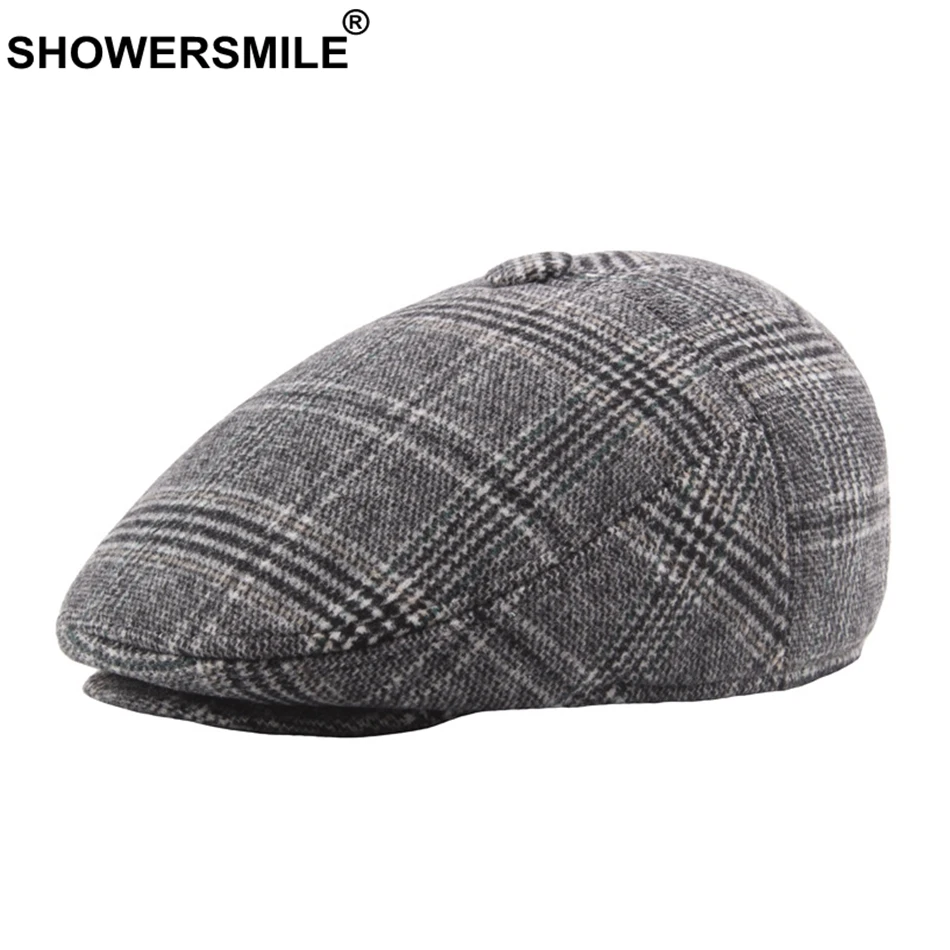 

SHOWERSMILE Cotton Flat Caps Berets Men Gray Plaid Cabbie Cap With Earflaps Thicker Warm Duckbill Hat Male Retro Directors Cap