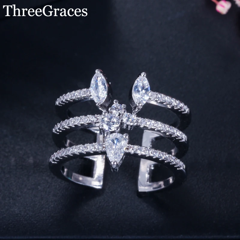 

ThreeGraces Chic Design Adjustable Rings 3 Layers Geometric Clear Cubic Zirconia Open Cuff Ring for Women Party Jewelry RG086