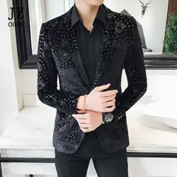 JZ CHIEF черный мужской бархатный костюм роскошный костюм куртка Slim Fit деловой дизайн Блейзер Пальто жаккард Тигр шаблон центр сзади Vent