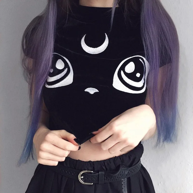 

JIEZuoFang Women T-shirts Casual Sexy Club Gothic Punk Streetwear Slim Stand Collar Cartoon Print Summer Female Fashion Tops
