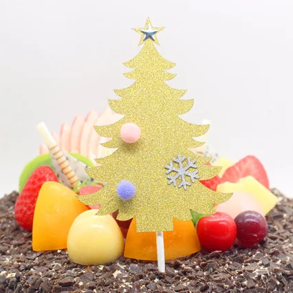 Christmas Tree Cake Toppers With Snow Star and Ball Gold Green Glitter Paper Board Cake Flag Xmas New Year Party Cake Decor