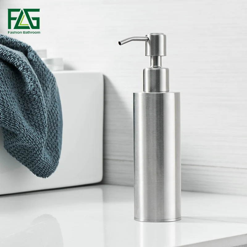 

FLG Liquid Soap Dispenser Modern Kitchen 200ML Stainless Steel Round Base Bathroom Accessories Brushed Nickel Mirror Hand Bottle